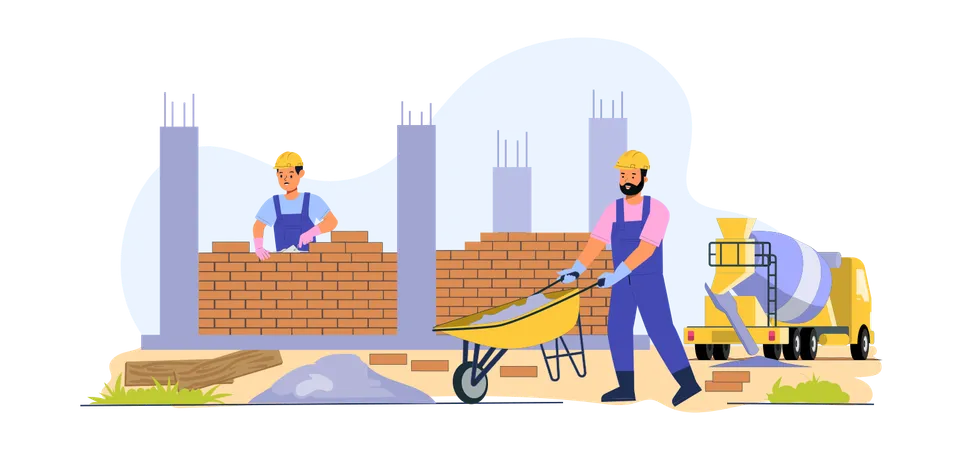 Construction Worker Making Brick Wall  Illustration