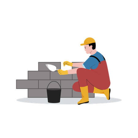 Construction worker making brick wall  Illustration