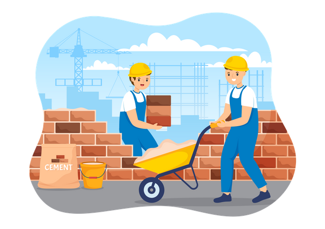 Construction worker making brick wall  Illustration