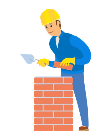 Person At Work Vector Male Building Wall With Help Of Tools Small Shovel And Red Brick With Cement Isolated Character On Construction Handyman Flat Style Illustration