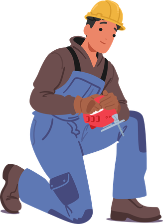 Construction Worker Male Character Wearing Overalls And Yellow Hard Hat Working with jigsaw Tool  Illustration