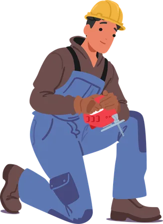 Construction Worker Male Character Wearing Overalls And Yellow Hard Hat Working with jigsaw Tool  Illustration