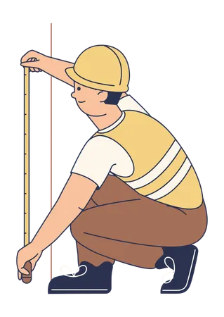 建設作業員が巻尺で測量している  イラスト