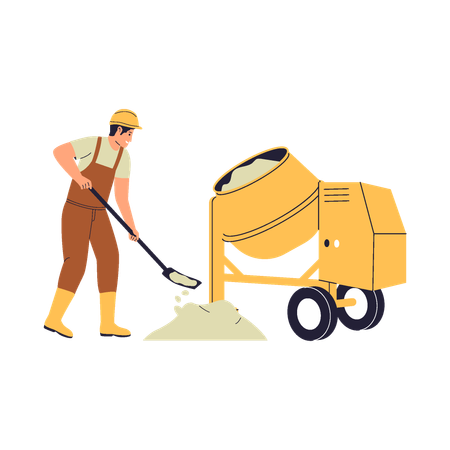 Construction Worker Mixing Cement with Shovel and Concrete Mixer  Illustration