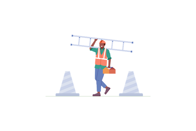 Construction worker moving with ladder  Illustration