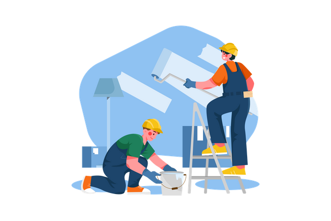 Construction worker painting wall Illustration