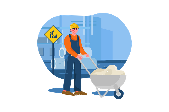 Construction worker pushing a sand trolley Illustration