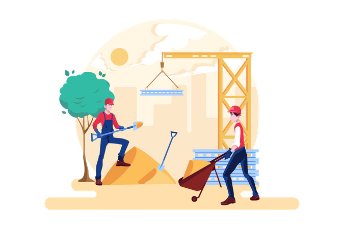 Construction worker pushing a sand trolley  Illustration