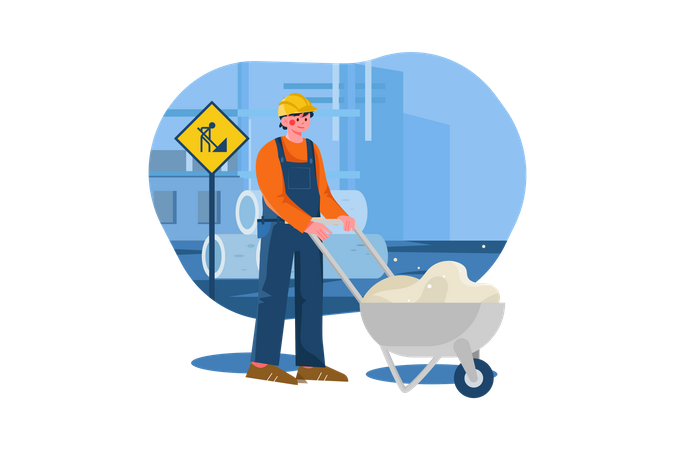 Construction worker pushing a sand trolley  Illustration