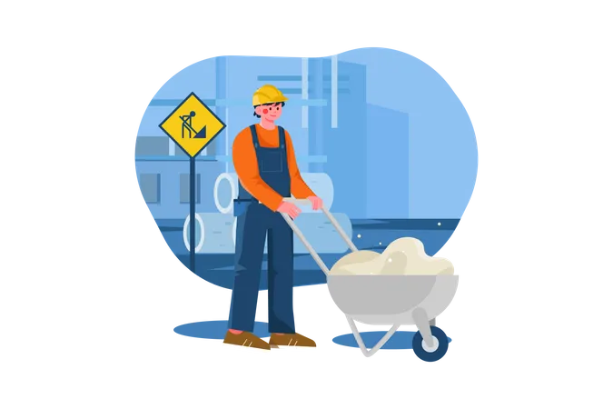 Construction worker pushing a sand trolley  Illustration