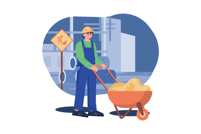 Construction worker pushing a sand trolley  Illustration