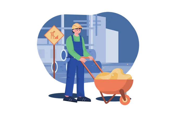 Construction worker pushing a sand trolley  Illustration