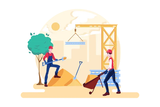 Construction worker pushing a sand trolley  Illustration