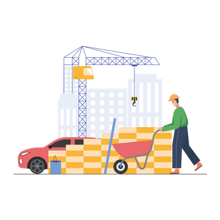 Construction worker pushing sand trolley Illustration