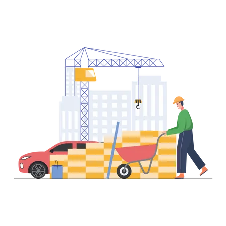 Construction worker pushing sand trolley  Illustration
