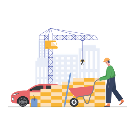 Construction worker pushing sand trolley  Illustration