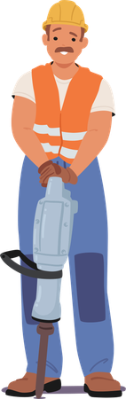 Construction Worker Standing Firmly and Gripping Jackhammer  Illustration