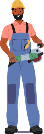 Construction Worker Standing Poised With Grinder Tool In Hands  Illustration