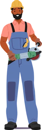 Construction Worker Standing Poised With Grinder Tool In Hands  Illustration