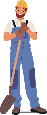 Construction Worker Standing With Shovel In Hand  Illustration