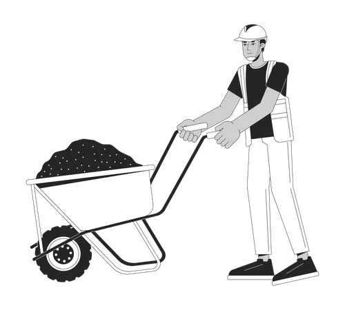 Construction Worker Transporting Concrete On Wheelbarrow Cartoon Flat Illustration Hardhat Contractor Pushing Cart 2 D Lineart Character Isolated Building Monochrome Scene Vector Outline Image Illustration