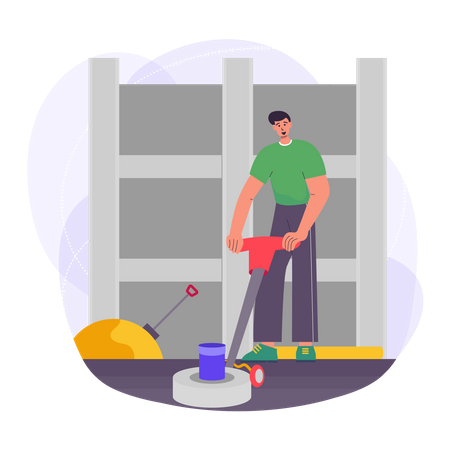 Construction worker using floor scrubbing machine Illustration