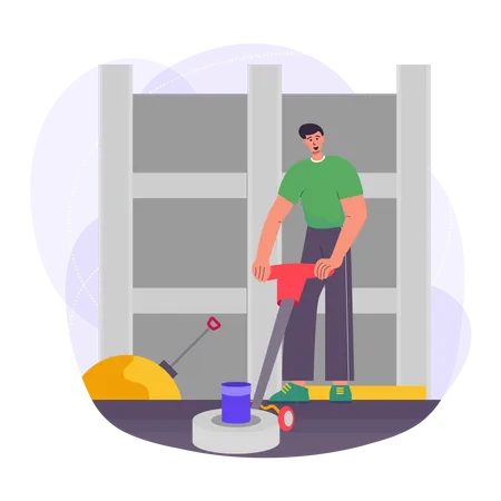 Construction worker using floor scrubbing machine  Illustration