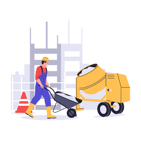 Construction Worker Using Wheelbarrow  Illustration