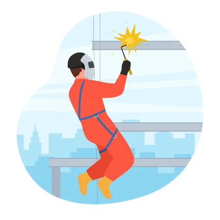 Construction Worker Welding At Height Vector Illustration Cartoon Industrial Climber And Professional Rope Access Welder In Helmet And Mask Hanging High To Work On Construction Site And Weld Metal Illustration