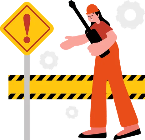 Construction Worker with Caution Sign  Illustration