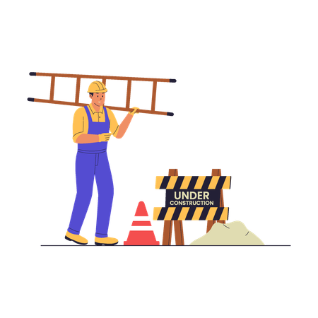Construction Worker with Ladder and Under Construction Sign  Illustration