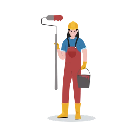 Construction worker with paint bucket and brush  Illustration