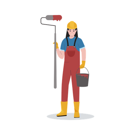 Construction worker with paint bucket and brush  Illustration