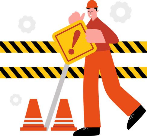 Construction Worker with Warning Sign and Safety Barriers  Illustration