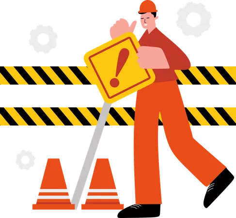 Construction Worker with Warning Sign and Safety Barriers  Illustration