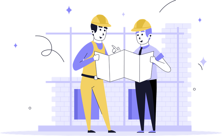 Construction worker working with blueprint  Illustration