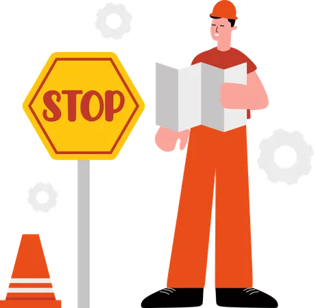 Construction worker works on road safety  Illustration