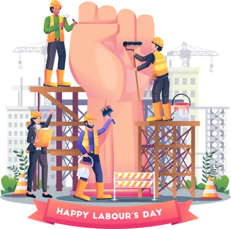 Construction workers are building a giant fist arm to celebrate labour day on 1st May  Illustration