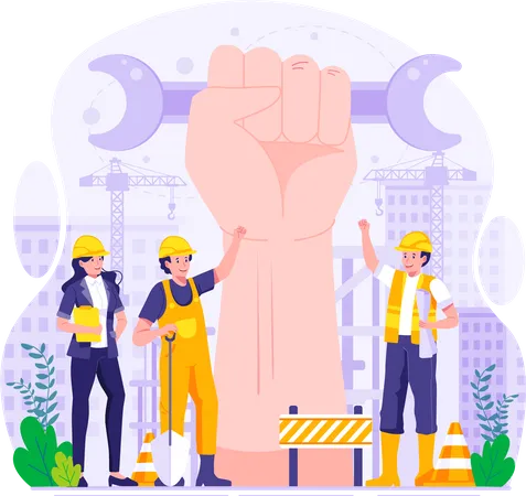 Construction workers are building a giant fist arm to celebrate labour day on 1st May  Illustration