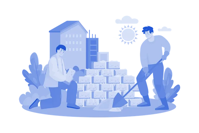 Construction workers are building wall  Illustration