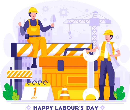 Happy Labour Day Construction Workers Are Holding The Tools Workers Day Vector Illustration Illustration