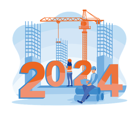 Construction workers are preparing to welcome the new year 2024  Illustration