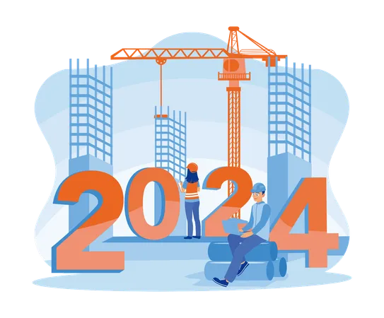 Construction workers are preparing to welcome the new year 2024  Illustration