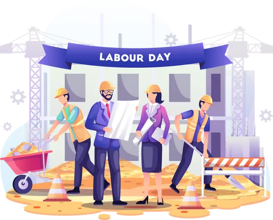 Happy Labour Day Construction Workers Are Working On Building In Labor Day On 1 Th May Flat Ector Illustration Illustration
