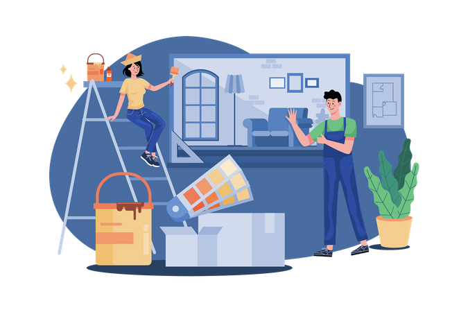 Construction Workers Arranging Interior  Illustration