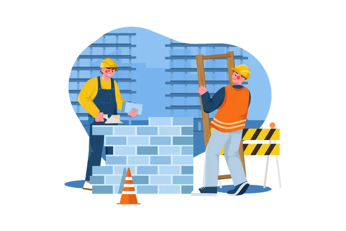 Construction workers building a house Illustration