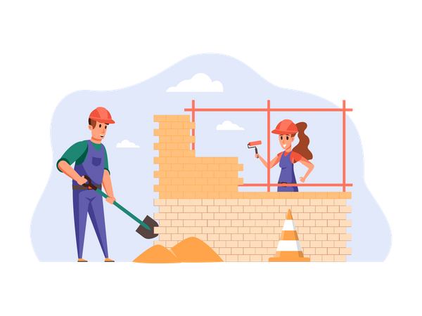 Construction workers building house Illustration