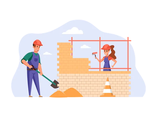 Construction workers building house  Illustration