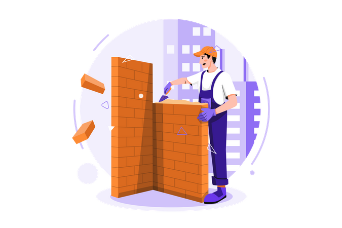 Construction workers building the wall  イラスト