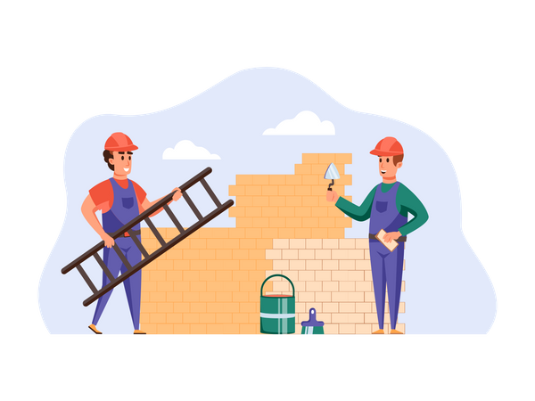 Construction workers building wall  Illustration